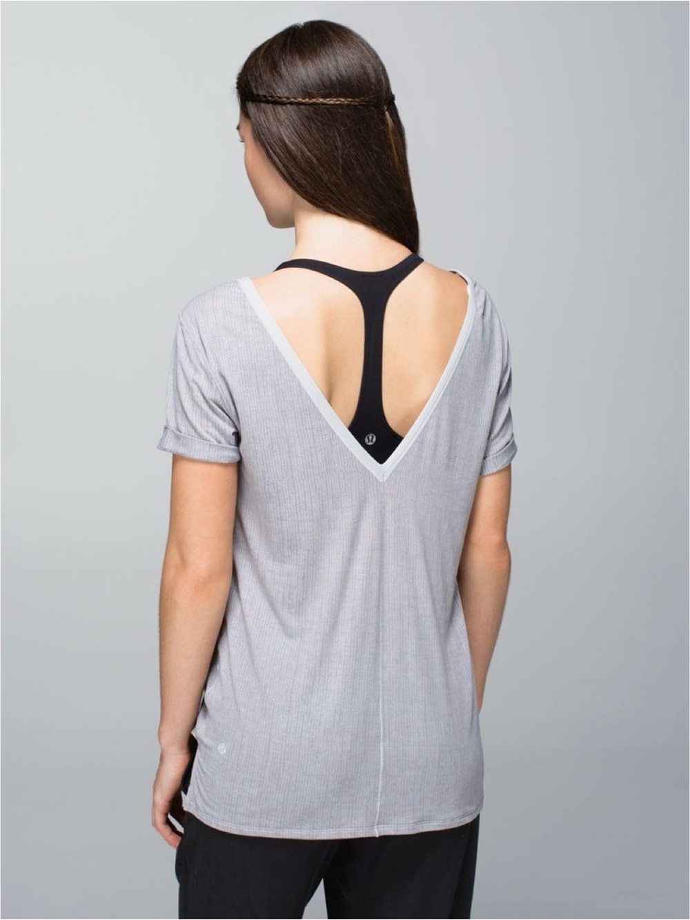 Lululemon “Trikonasana Tee” grey printed v-cut back athletic shirt (size 4)
